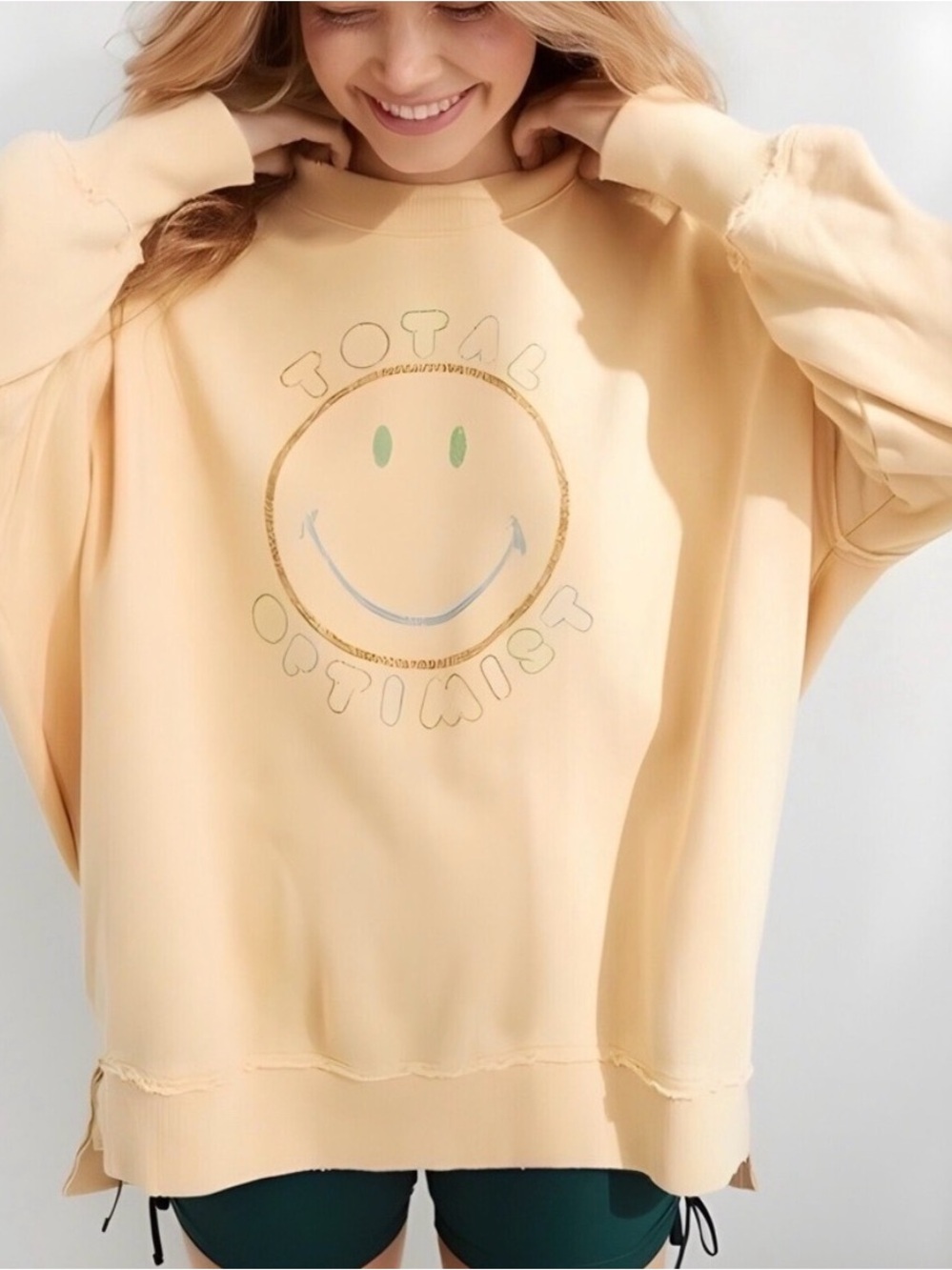 aerie Yellow 'Total Optimist' Smiley Graphic Sweatshirt